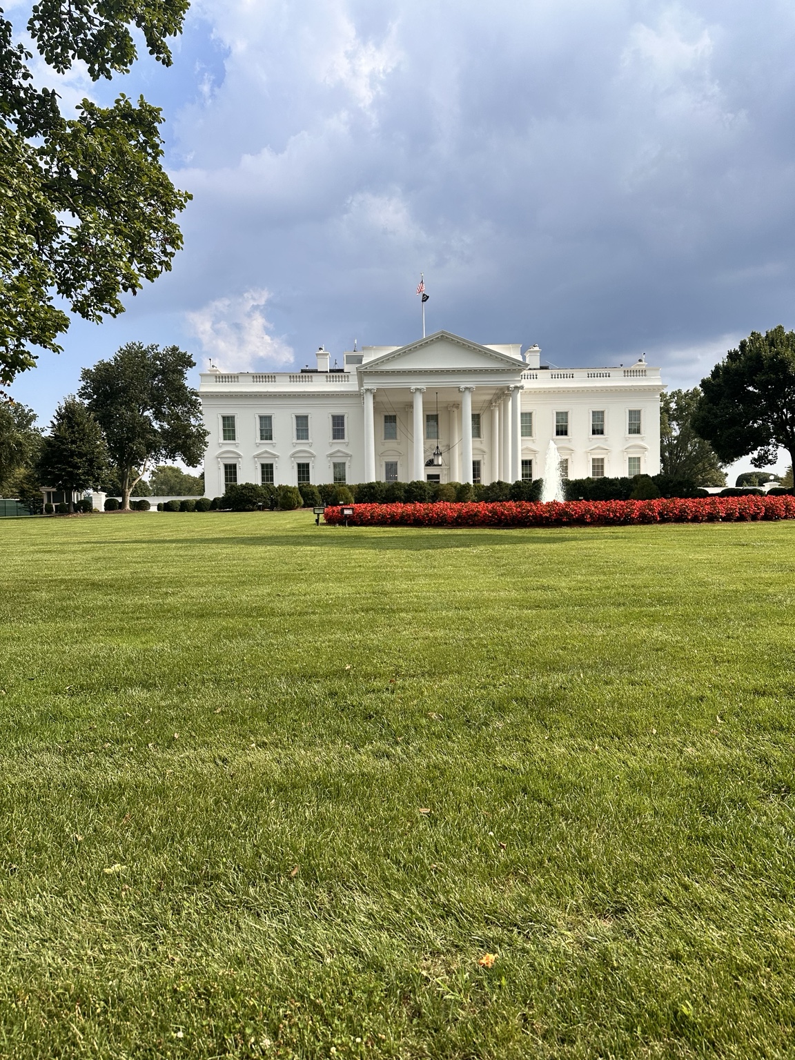 The White House framed by green lawns